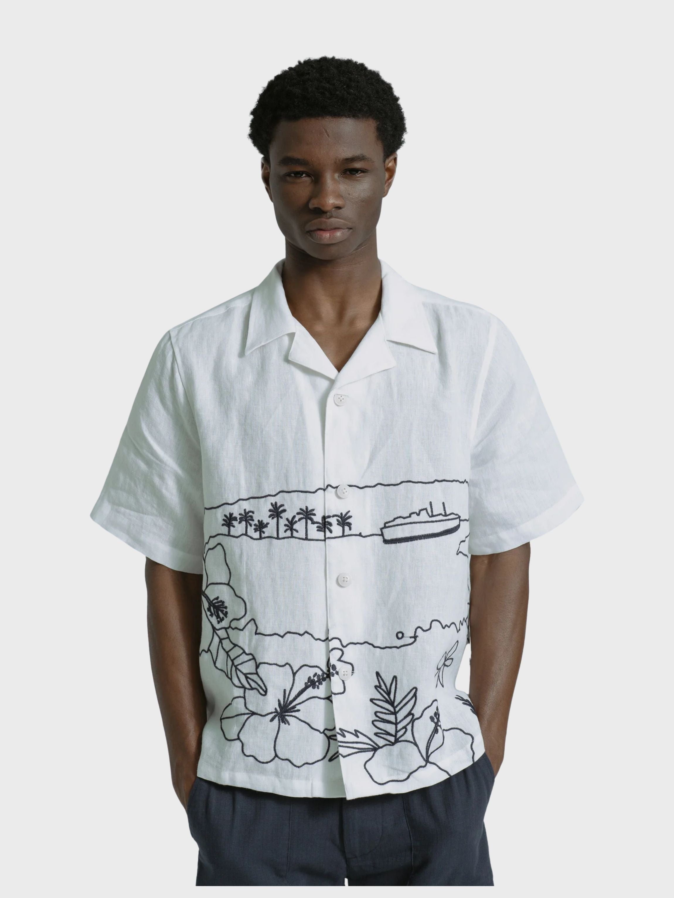 Far Afield Veloso Shirt - Embroidered Landscape - White. Shop