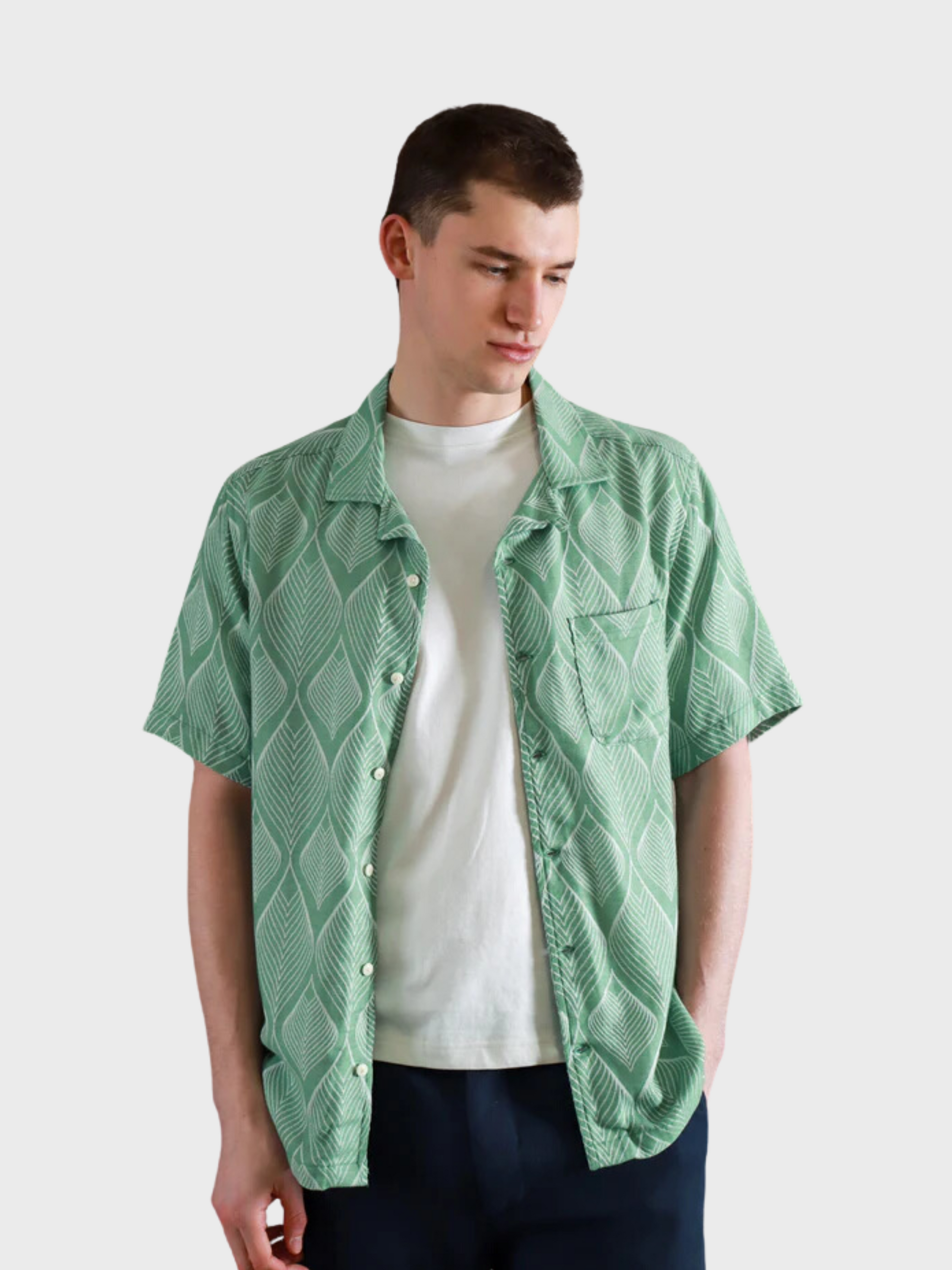 Far Afield Stachio SS Leaf Jacquard Button Up Frosty Green SS24