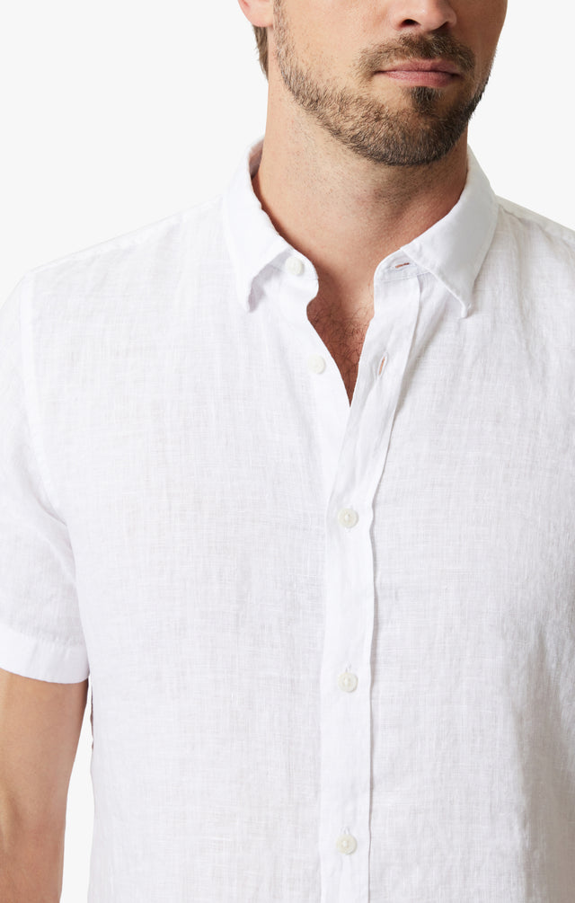34 Heritage Linen Short Sleeve Shirt Bright White SS24-Men&#39;s Shirts-Brooklyn-Vancouver-Yaletown-Canada