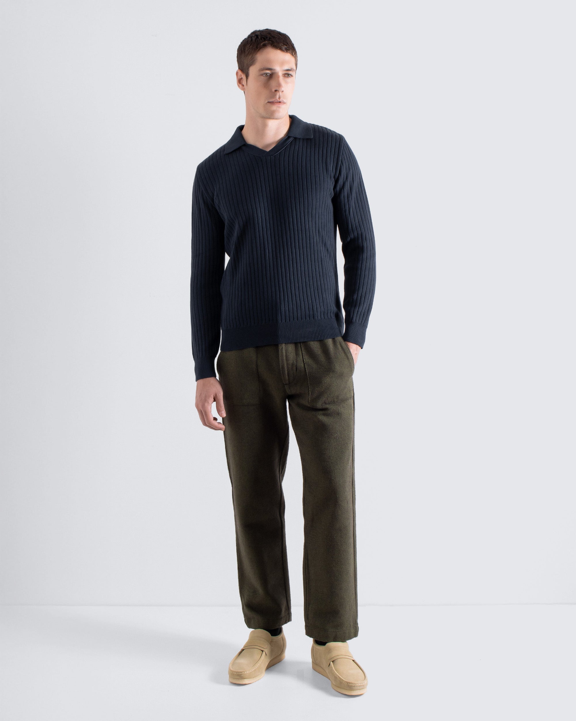 Far Afield Clifford Knitted Ribbed Polo - Spread Collared - Navy-Men's Sweaters-Brooklyn-Vancouver-Yaletown-Canada