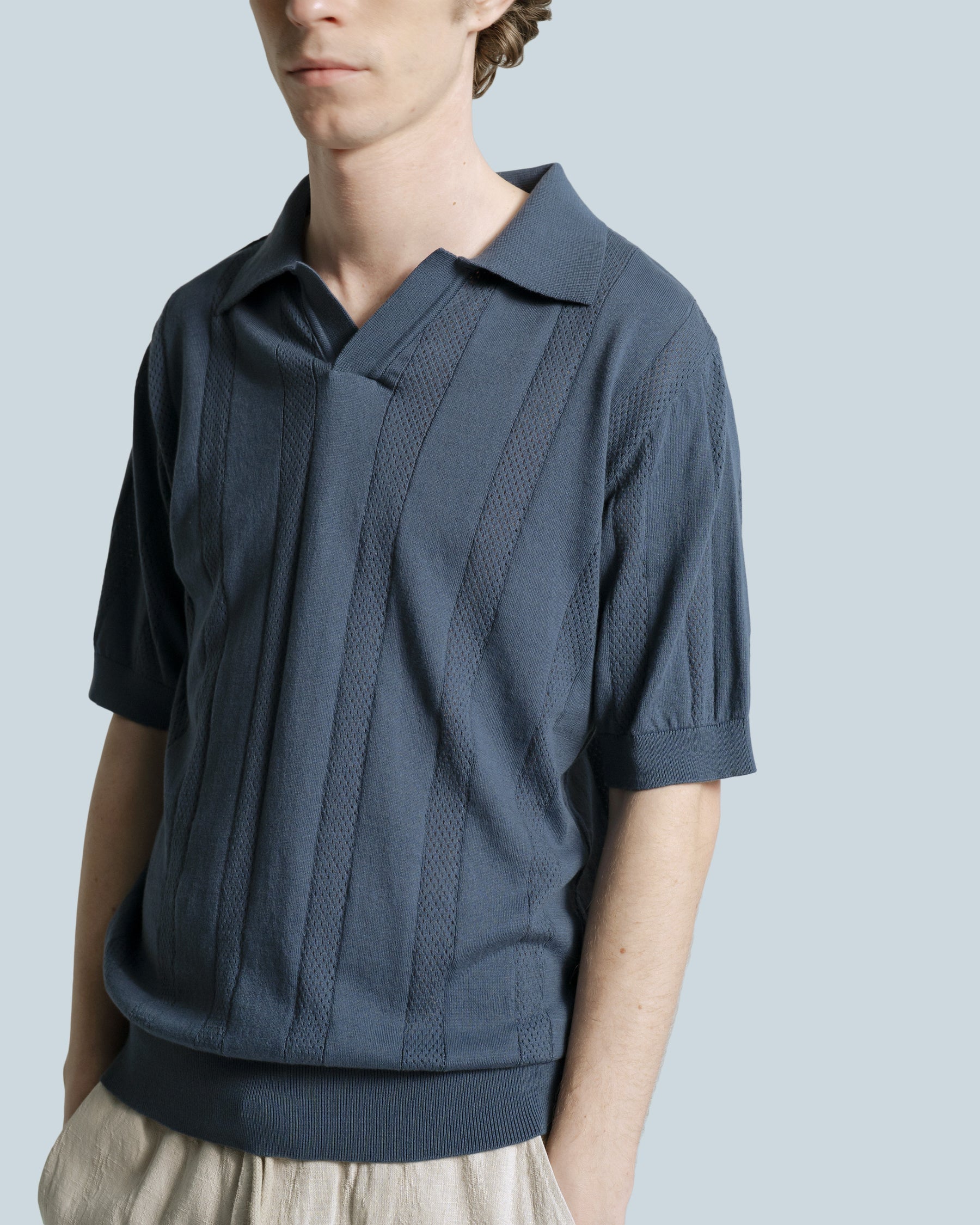Far Afield Clifford Knitted Polo - Perforated - Blue-Men's Sweaters-Brooklyn-Vancouver-Yaletown-Canada