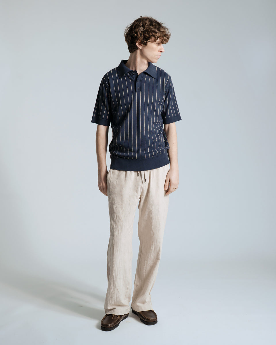 Far Afield Benny Knitted Polo - Pinstripe - Navy/Sand-Men's Sweaters-Brooklyn-Vancouver-Yaletown-Canada
