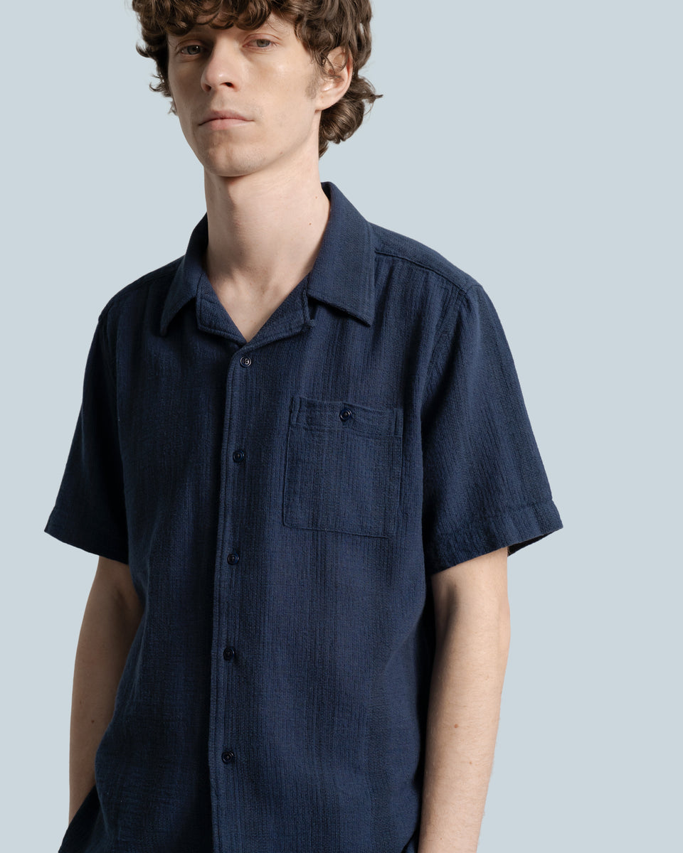 Far Afield Selleck Shirt - Dobby Stripe - Blue/Navy-Men's Shirts-Brooklyn-Vancouver-Yaletown-Canada