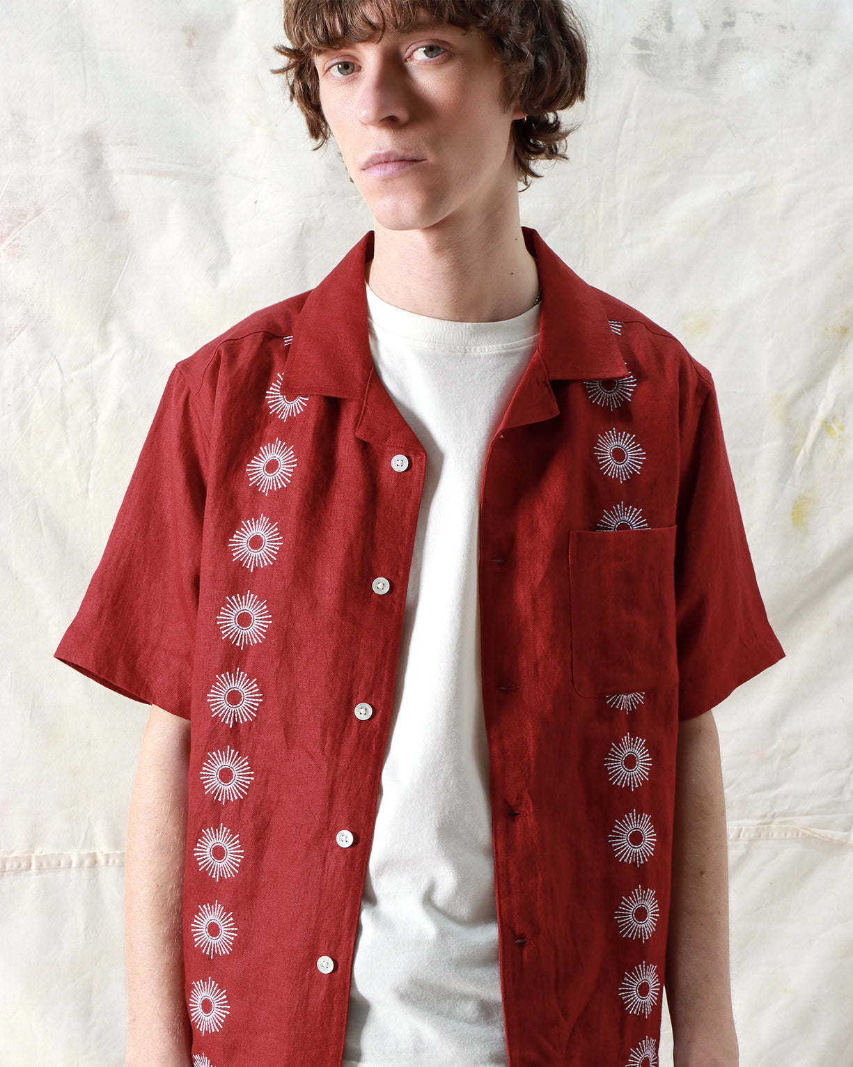 Far Afield Stachio SS Shirt - Sol Stripe Embroidery Deep Red-Men's Shirts-Brooklyn-Vancouver-Yaletown-Canada