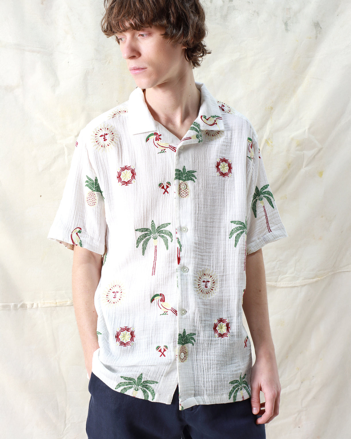 Far Afield Stachio SS Shirt - Tropical Embroidery White-Men's Shirts-Brooklyn-Vancouver-Yaletown-Canada