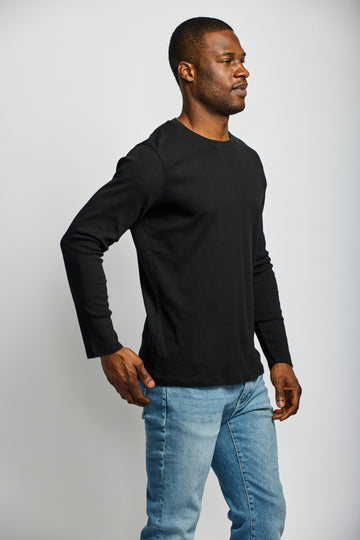Easy Mondays Long Sleeve Crew Neck Slub T-Shirt - Black-Men's T-Shirts-Brooklyn-Vancouver-Yaletown-Canada