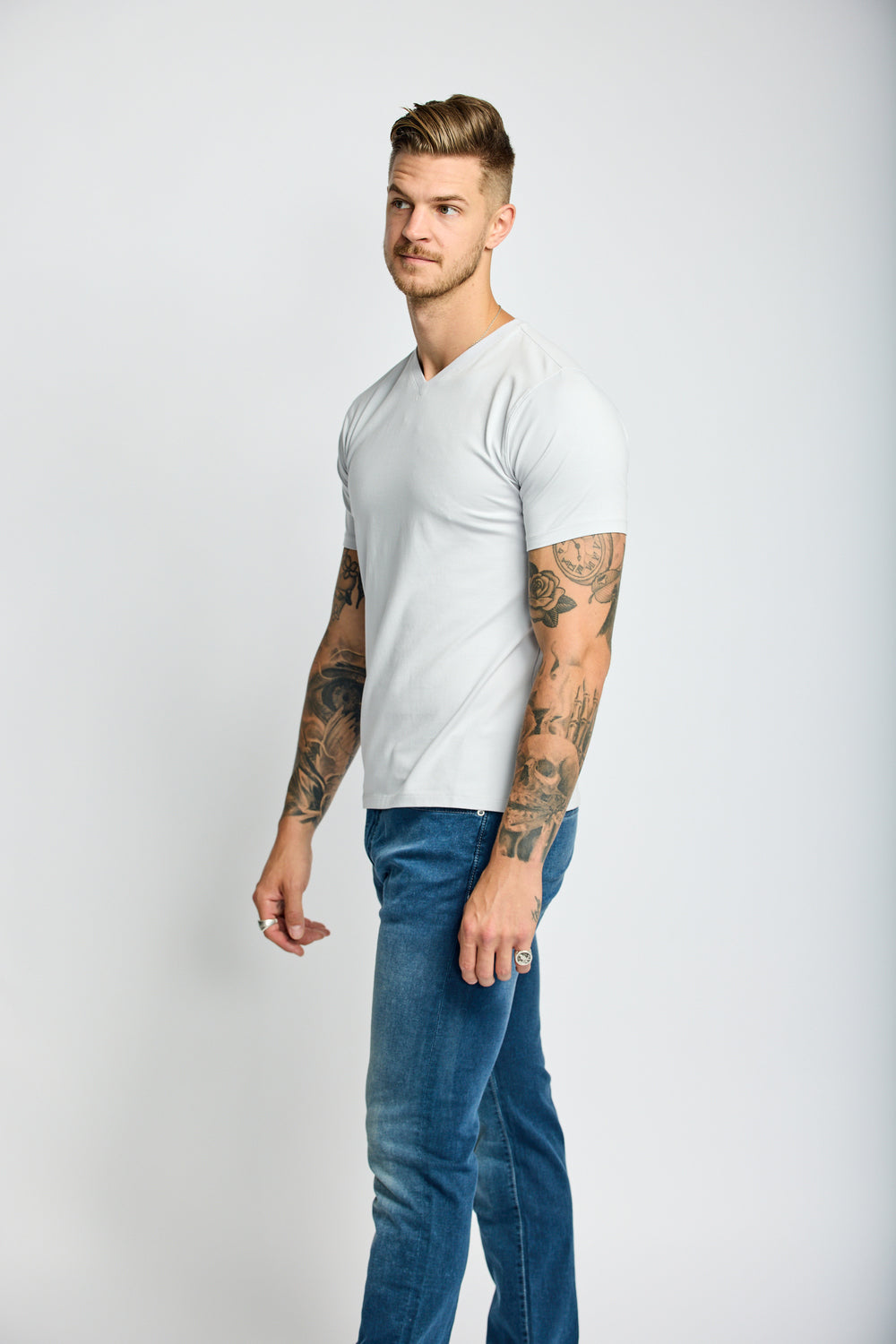 Easy Mondays V Neck Tee Cloud SS24-Men&#39;s T-Shirts-Brooklyn-Vancouver-Yaletown-Canada
