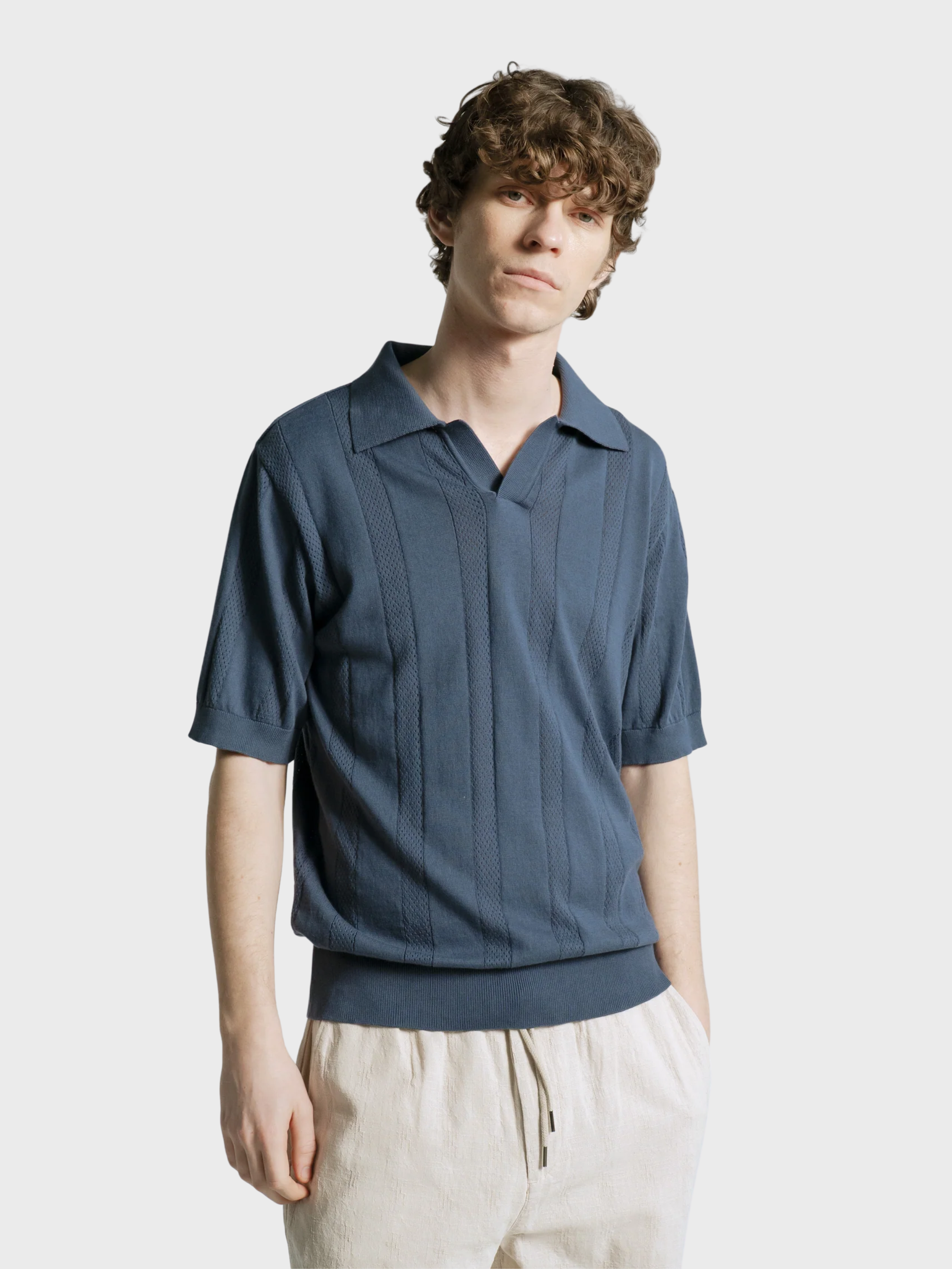 Far Afield Clifford Knitted Polo - Perforated - Blue-Men's Sweaters-Brooklyn-Vancouver-Yaletown-Canada