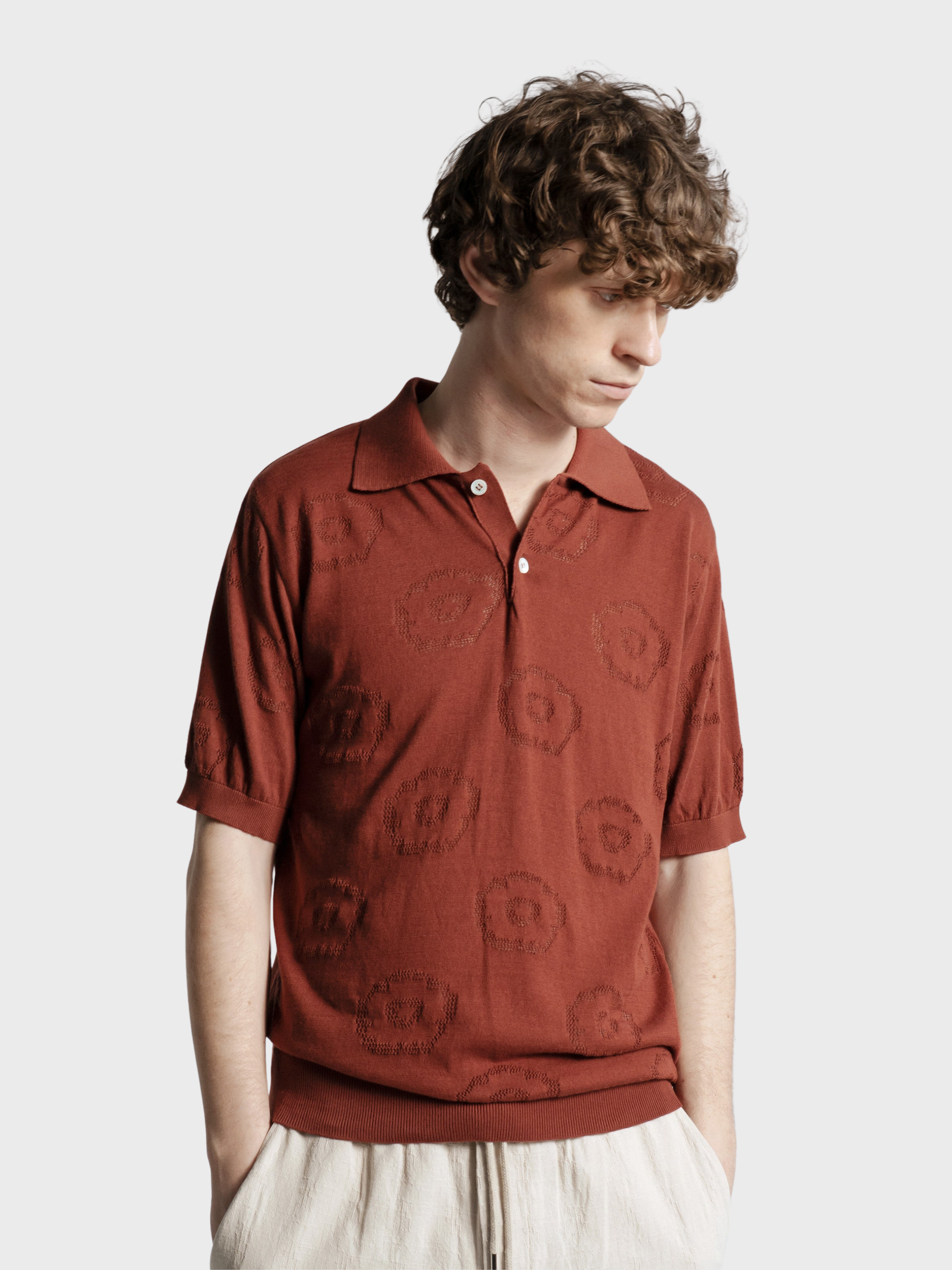 Far Afield Belser Knitted Polo - Geo Flowers - Red-Men's Sweaters-Brooklyn-Vancouver-Yaletown-Canada