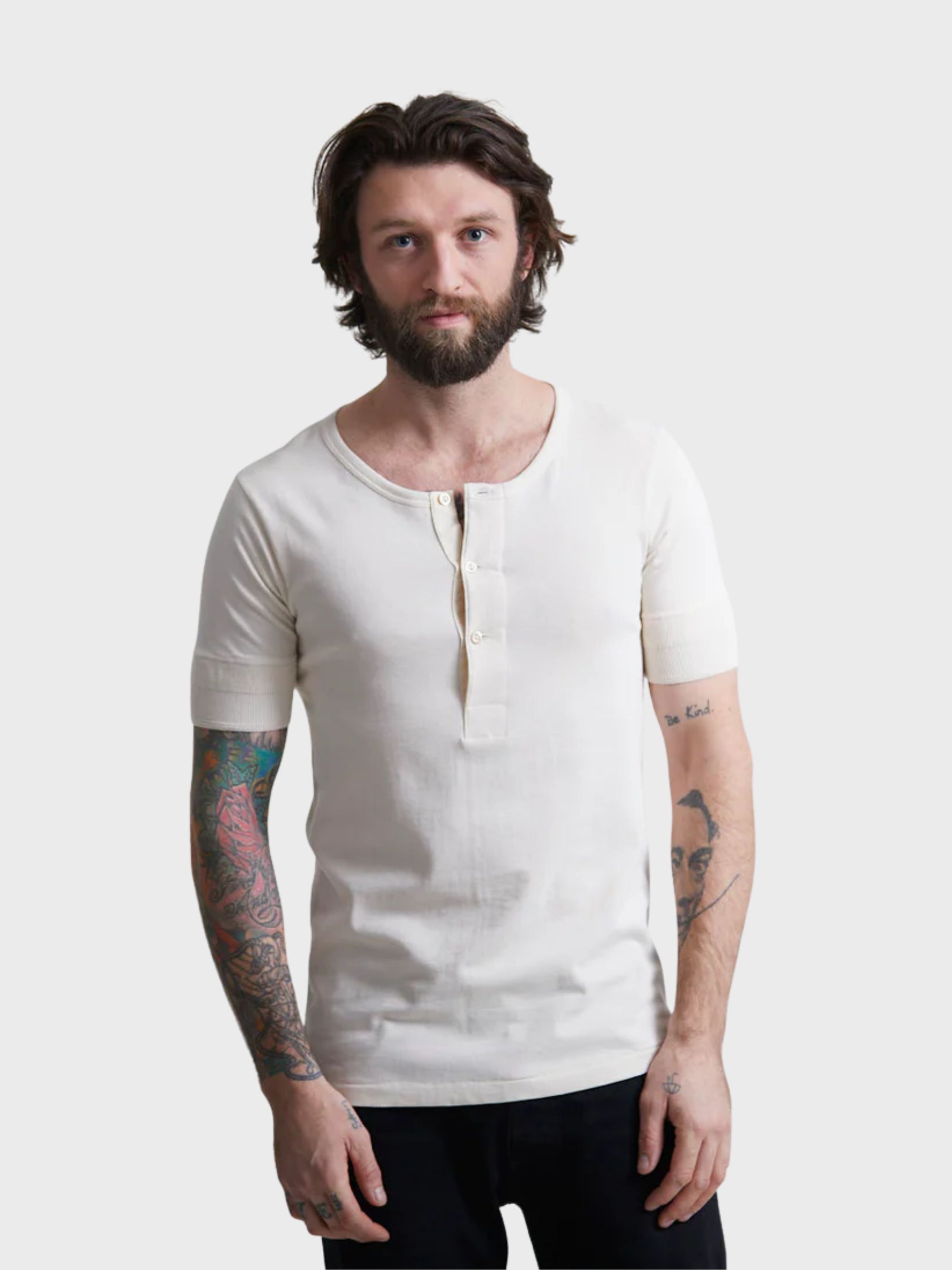 Merz Vintage Machine Refined Classic Fit Short Sleeve Henley - Nature-Men's T-Shirts-Brooklyn-Vancouver-Yaletown-Canada