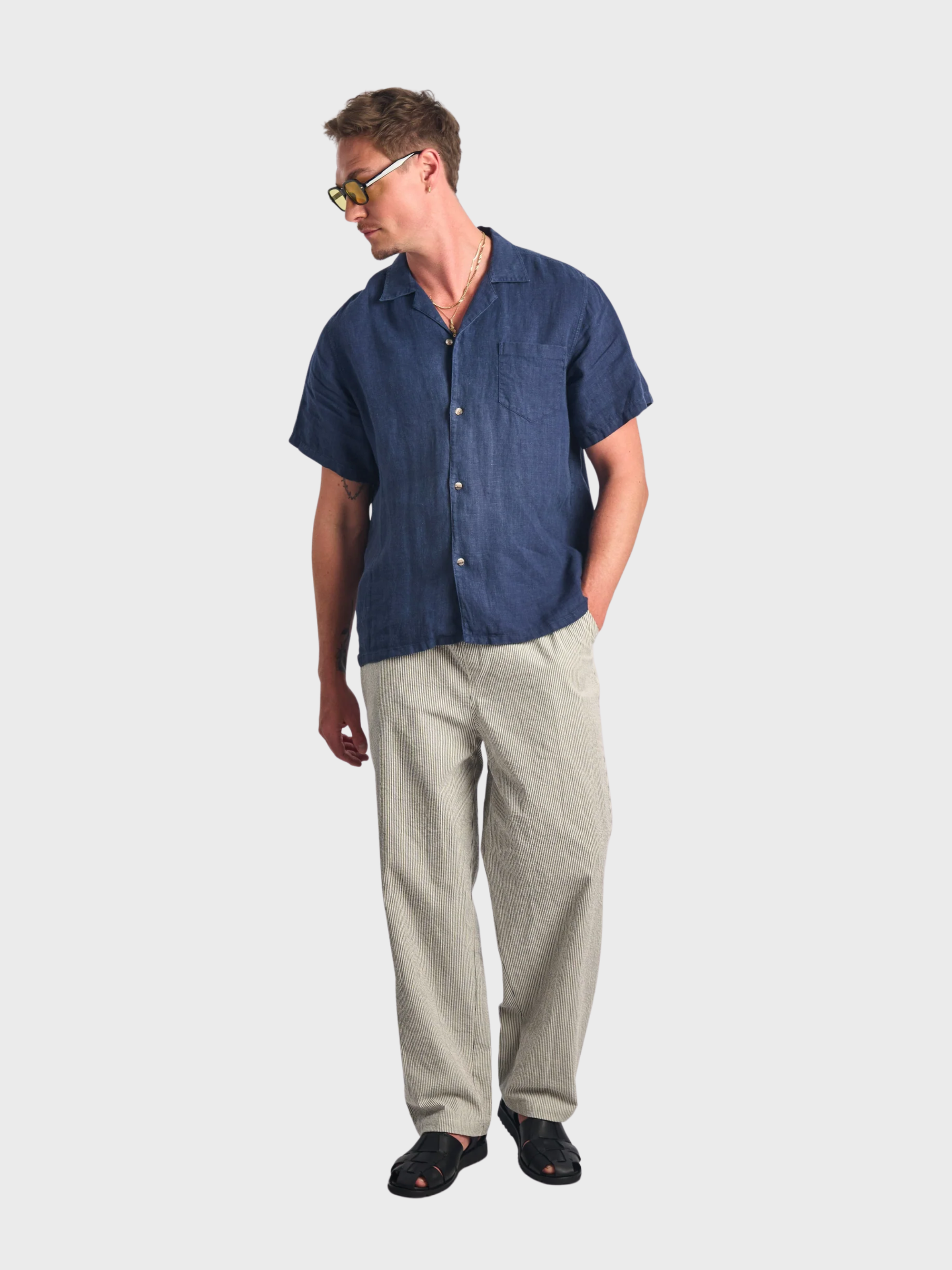 Bather Navy Linen Camp Shirt - Navy-Men's Shirts-Brooklyn-Vancouver-Yaletown-Canada