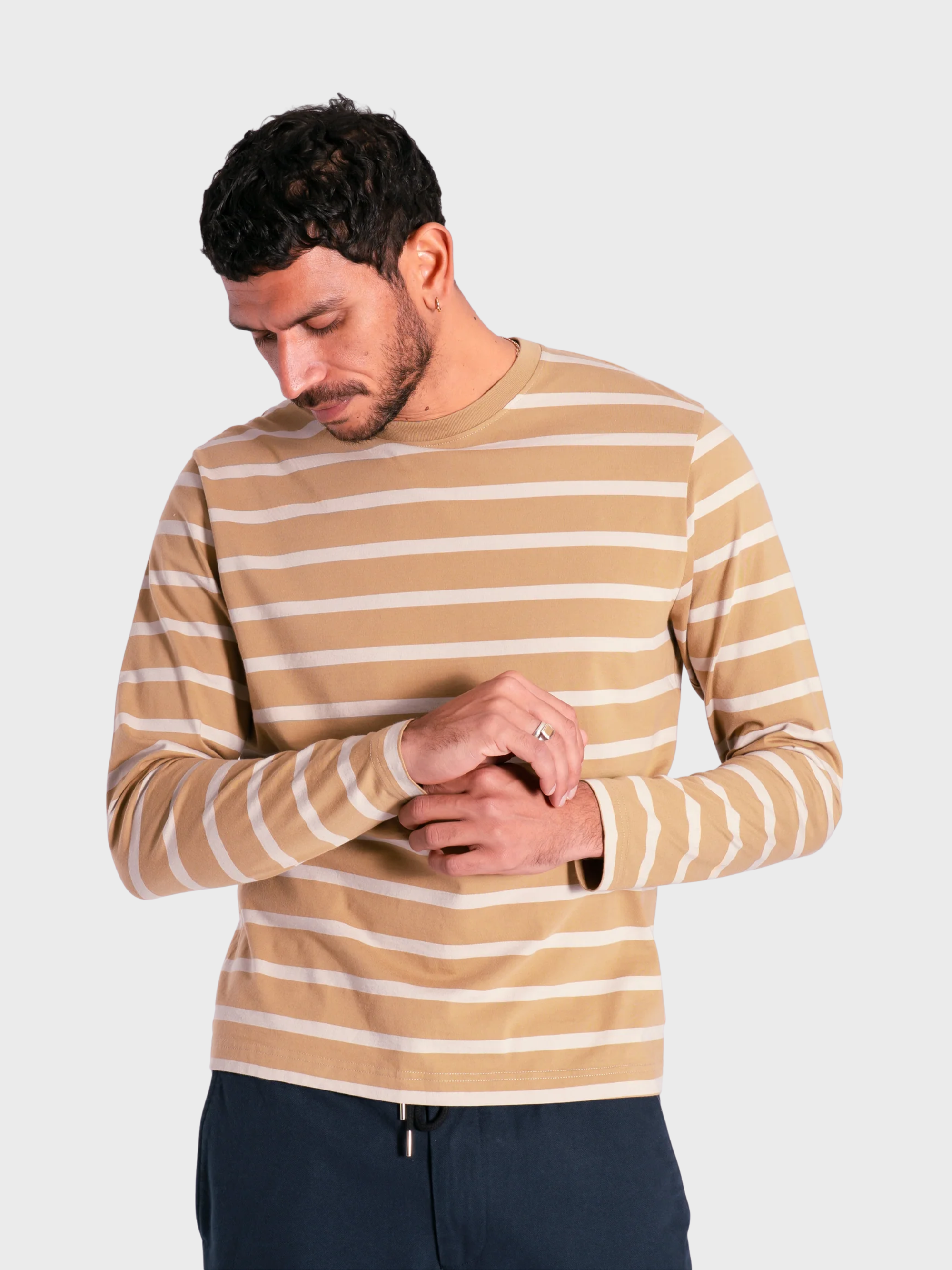 Far Afield Breton Stripe Long Sleeved T-Shirt - Sand/Cornstalk-Men's T-Shirts-Brooklyn-Vancouver-Yaletown-Canada