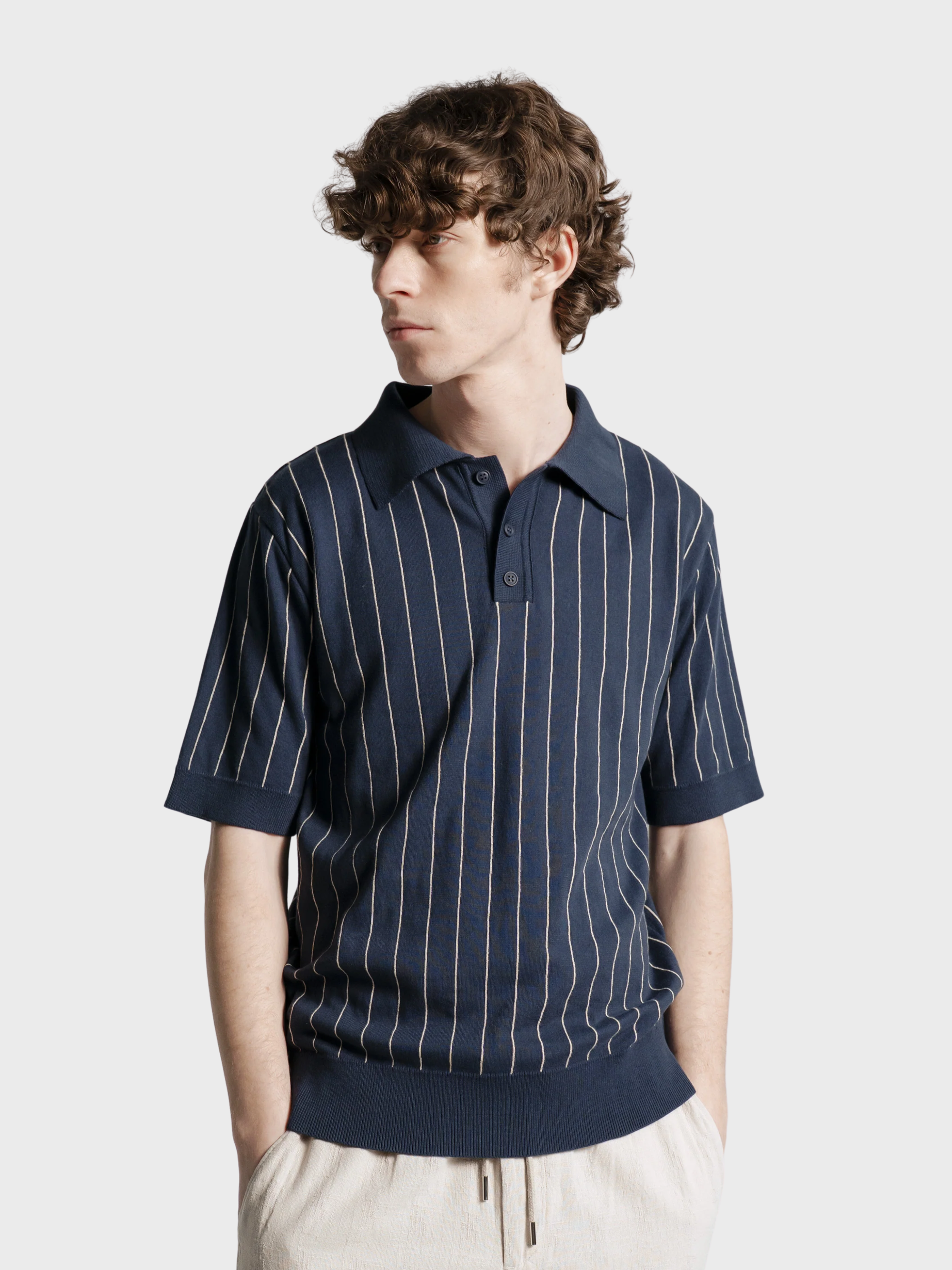 Far Afield Benny Knitted Polo - Pinstripe - Navy/Sand-Men's Sweaters-Brooklyn-Vancouver-Yaletown-Canada