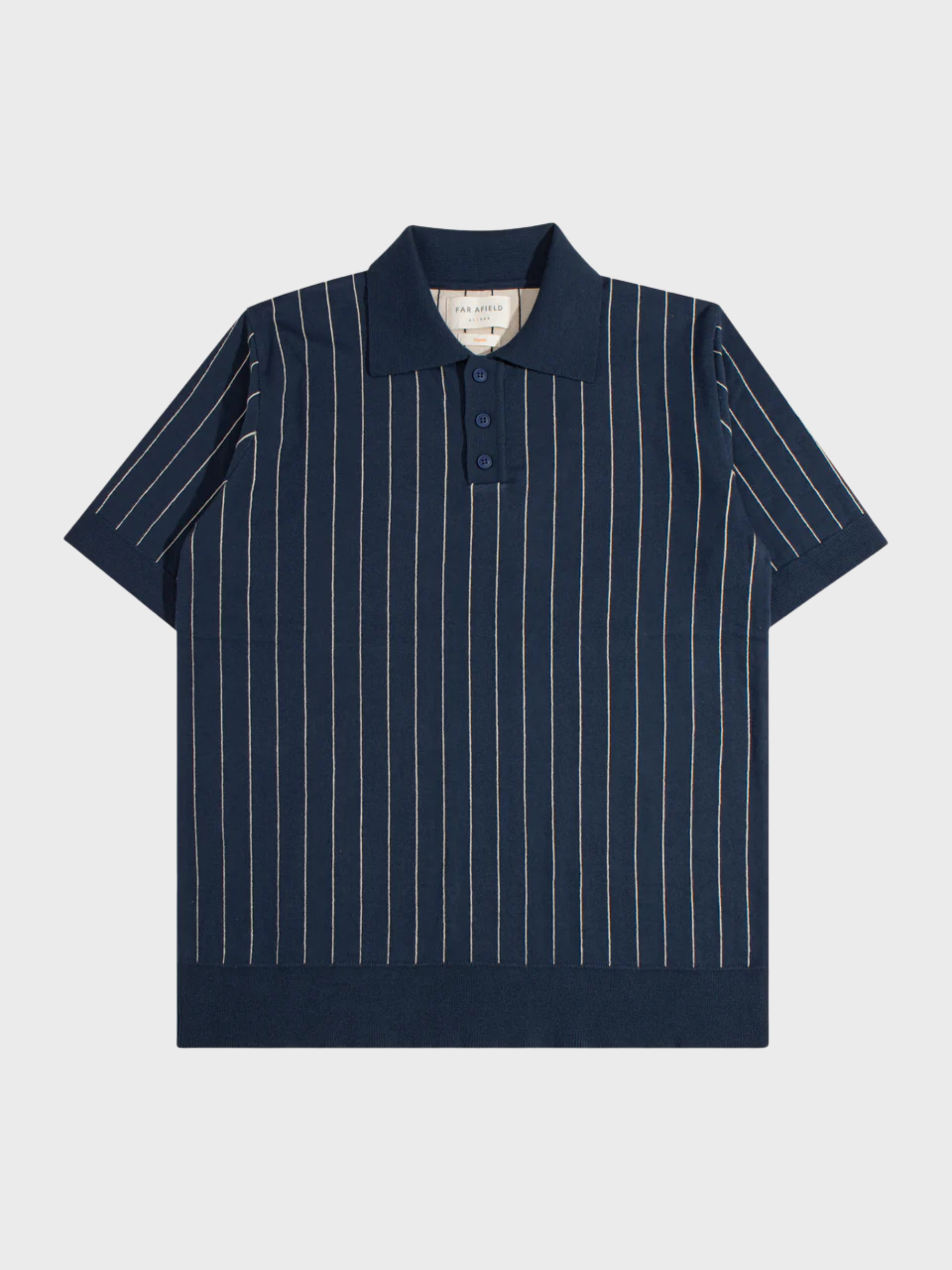 Far Afield Benny Knitted Polo - Pinstripe - Navy/Sand-Men's Sweaters-Brooklyn-Vancouver-Yaletown-Canada