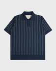 Far Afield Benny Knitted Polo - Pinstripe - Navy/Sand-Men's Sweaters-Brooklyn-Vancouver-Yaletown-Canada