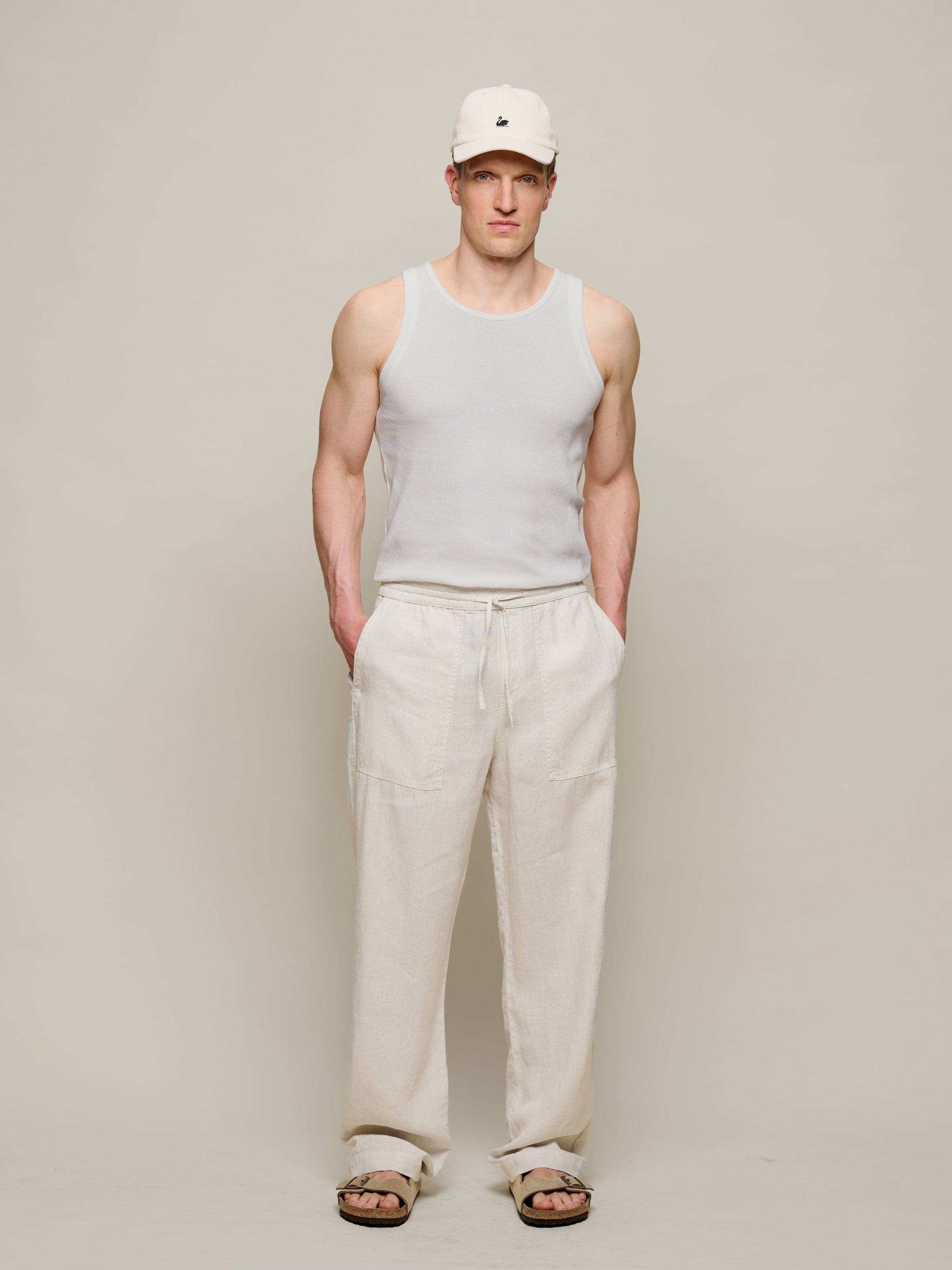 Merz Workers Linen Drawstring Pants - Light Stone-Men's Pants-Brooklyn-Vancouver-Yaletown-Canada