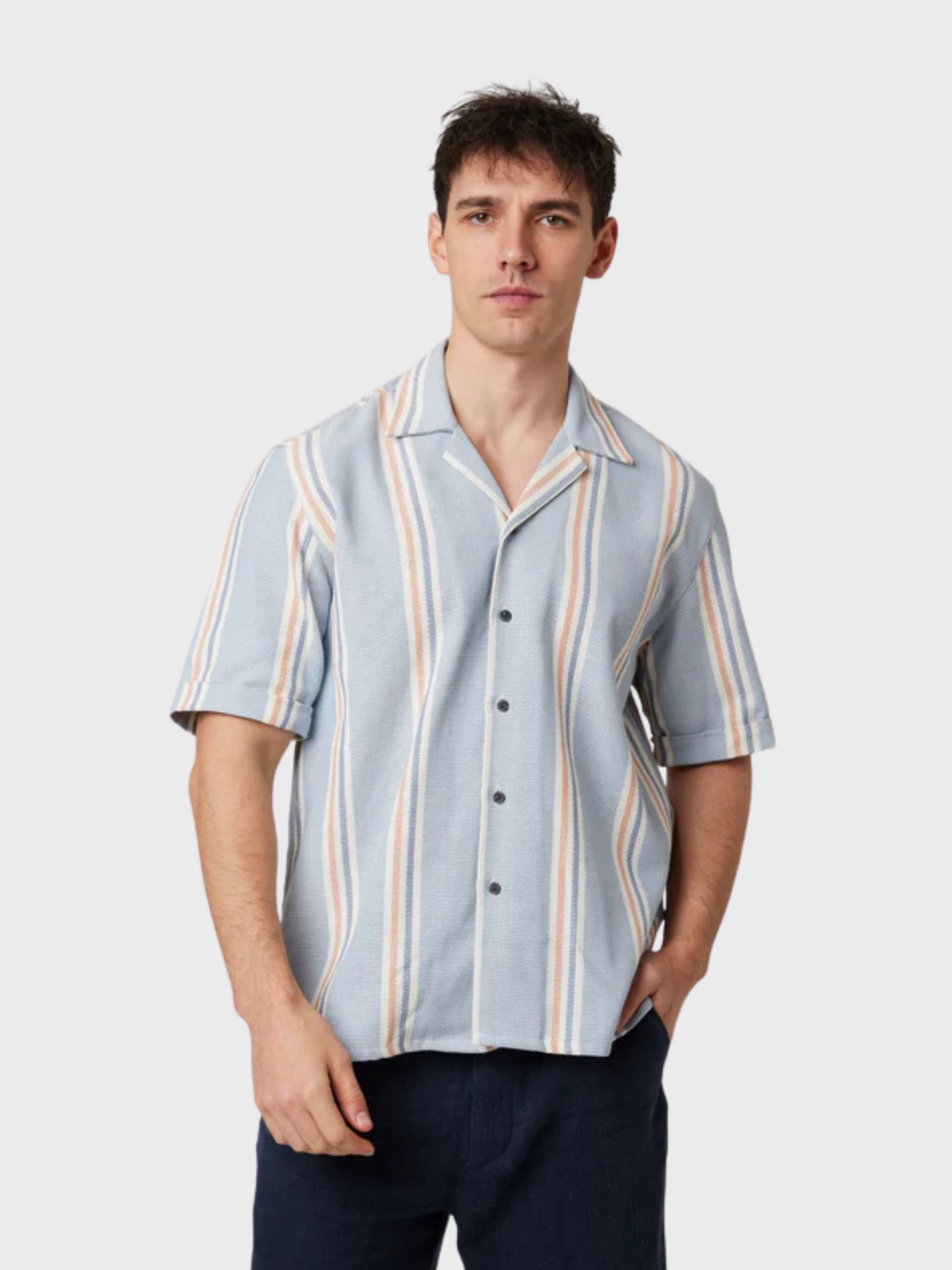 Peregrine Quay Cuban Collar Shirt - River Stripe-Men's Shirts-Brooklyn-Vancouver-Yaletown-Canada