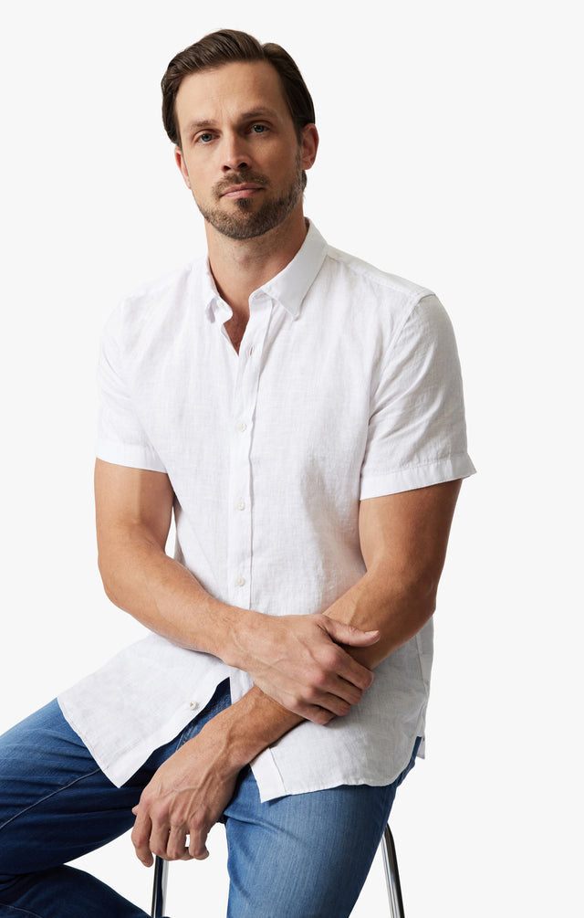 34 Heritage Linen Short Sleeve Shirt Bright White SS24-Men&#39;s Shirts-Brooklyn-Vancouver-Yaletown-Canada